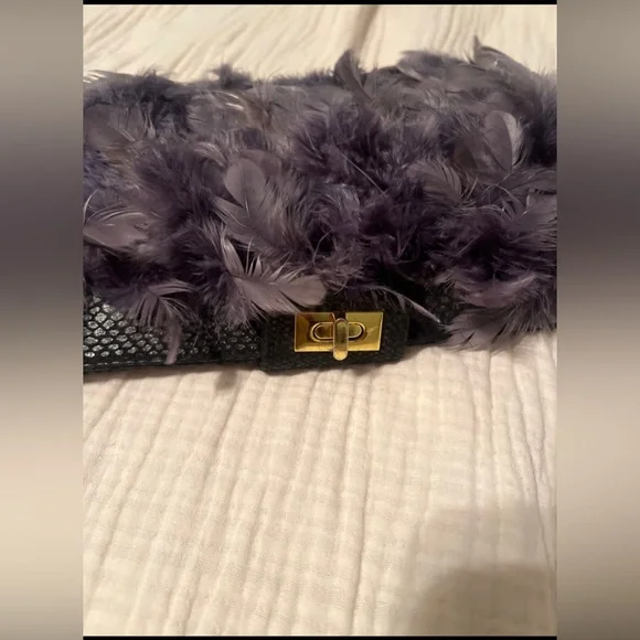 Elegant Feathered Clutch in Gray and Black - Picture 1 of 5